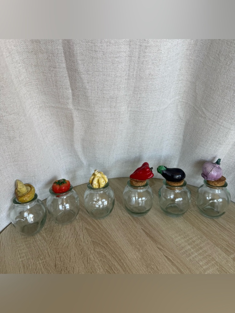 Vintage Glass Spice Jars 6 Set Anthropomorphic Vegetable Lids Kitchen Decor READ